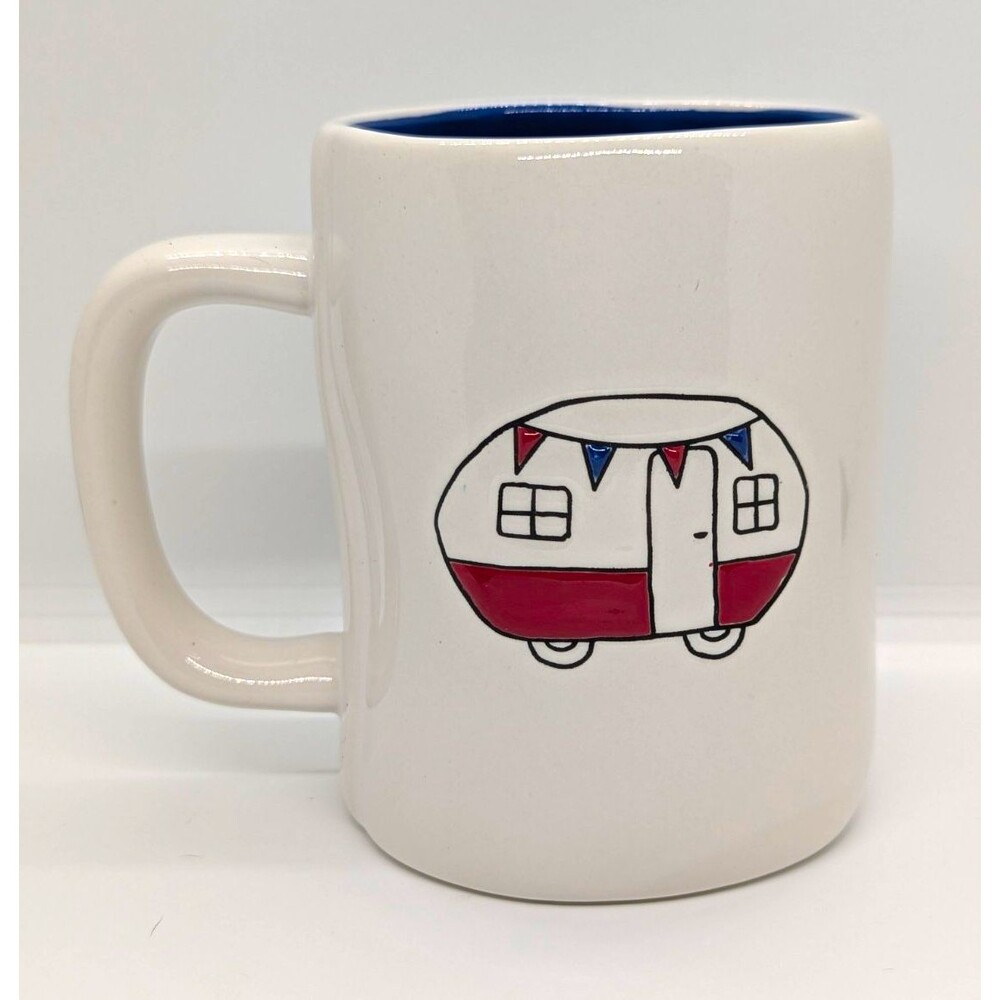 Rae Dunn Artisan Collection USA Ceramic Coffee Mug 16oz White Blue Camper Camp